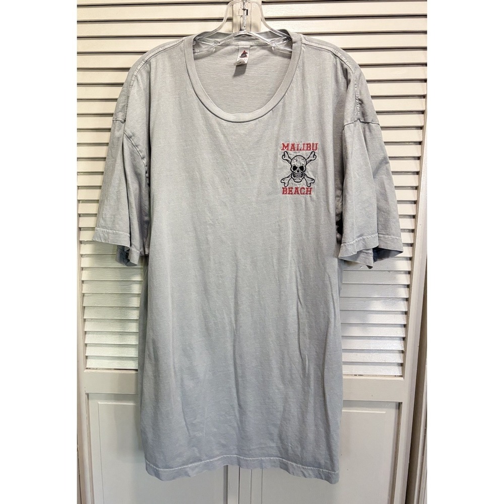 Malibu Beach Skull Graphic Print Embroidered Short Sleeve T-Shirt Size 2XL